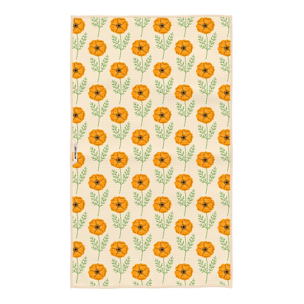 California Kitchen & Tea Towel with orange floral design, eco-friendly, super absorbent, and quick-drying fabric with hanging loop.