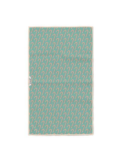 Christmas Vibes kitchen tea towel with candy cane print on teal waffle-weave fabric