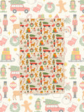 Holiday kitchen tea towel with festive Christmas icons on a matching cream pattern backdrop