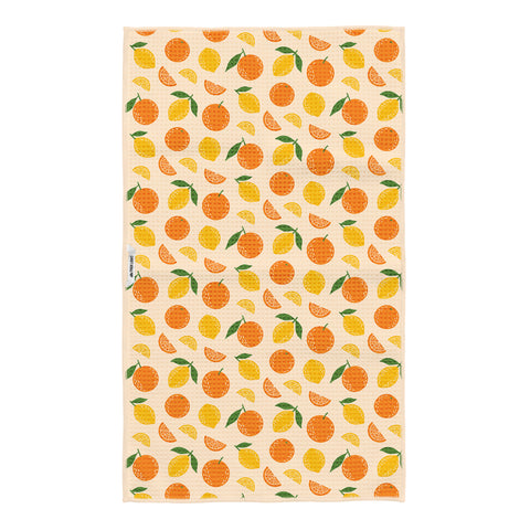 Citrus Saved Me Kitchen Tea Towel with vibrant orange and lemon design, eco-friendly, super absorbent, perfect for any kitchen decor.