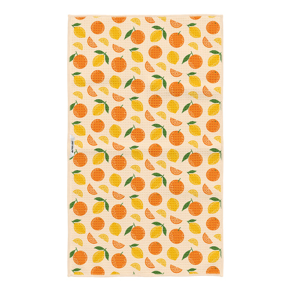 Citrus Saved Me Kitchen Tea Towel with vibrant orange and lemon design, eco-friendly, super absorbent, perfect for any kitchen decor.