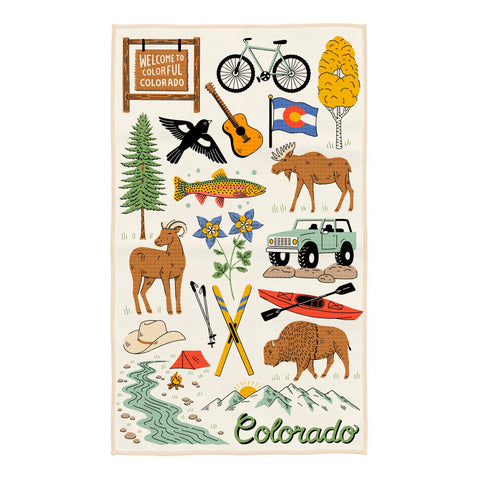 Colorado Kitchen & Tea Towel featuring Colorado-themed illustrations like mountains, wildlife, and iconic symbols in vibrant design.