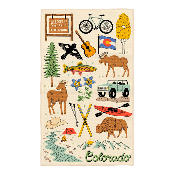 Colorful Colorado Kitchen & Tea Towel with nature and adventure icons on recycled fabric.