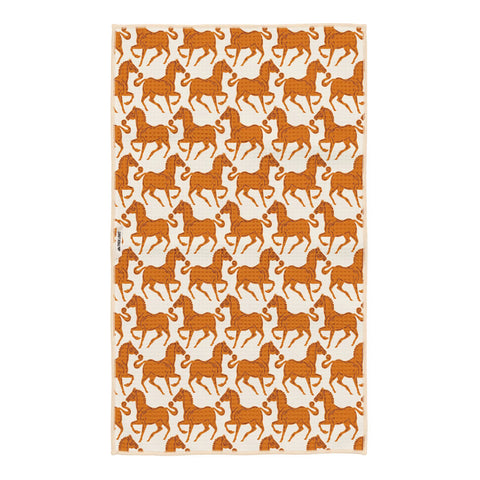 Cosmic Cowgirl Kitchen Tea Towel with orange horse pattern, eco-friendly, super absorbent fabric, perfect for spills and quick-drying.