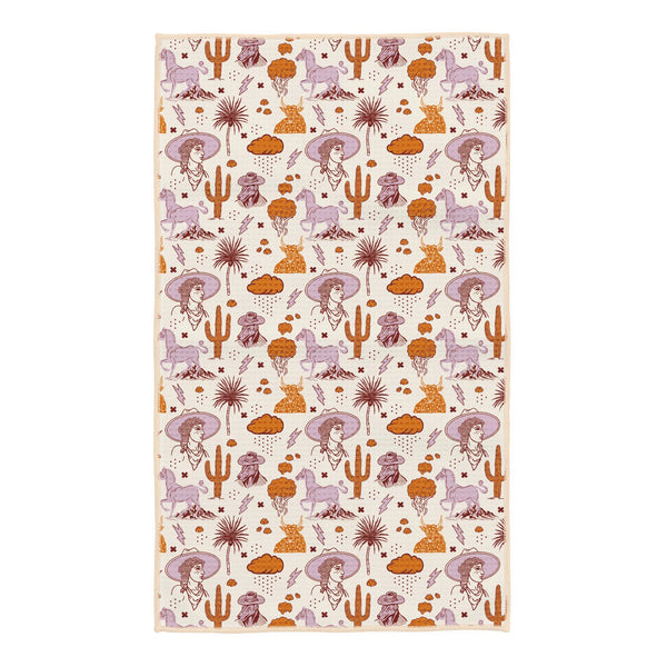 Cosmic Cowgirl Kitchen Tea Towel featuring vibrant cowboy design, perfect for eco-friendly and efficient cleaning with quick-drying fabric.