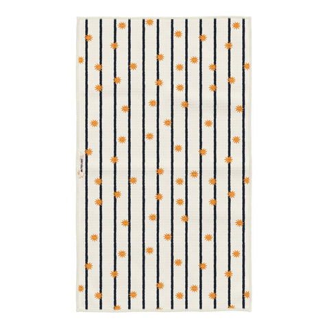 Cosmic Creatures Kitchen Tea Towel with orange patterns on a white background.
