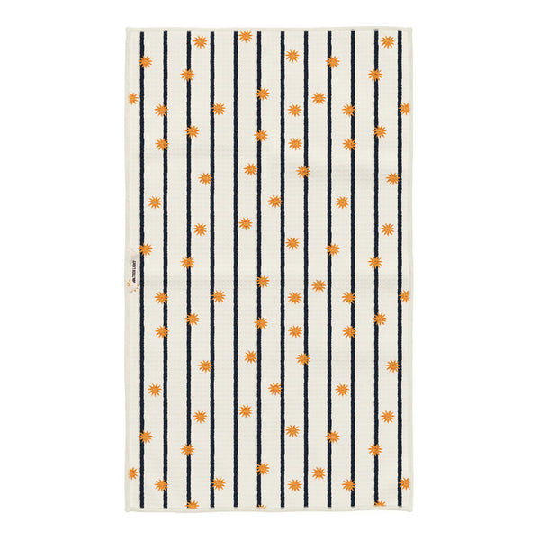 Cosmic Creatures Kitchen Tea Towel with orange patterns on a white background.
