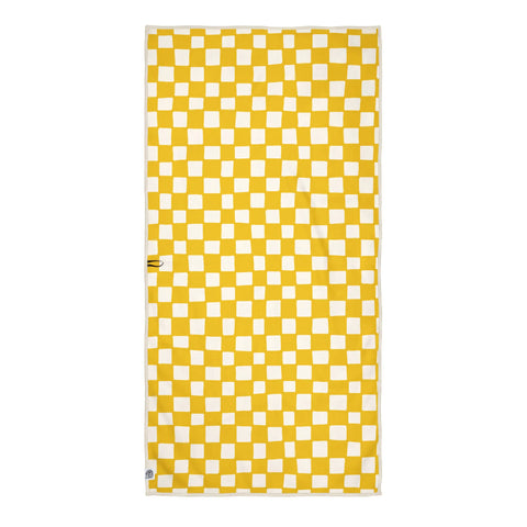 Yellow checkered Desert Dreams Wander & Travel Towel, quick-dry, sand-resistant, made from recycled materials, with hanging loop.