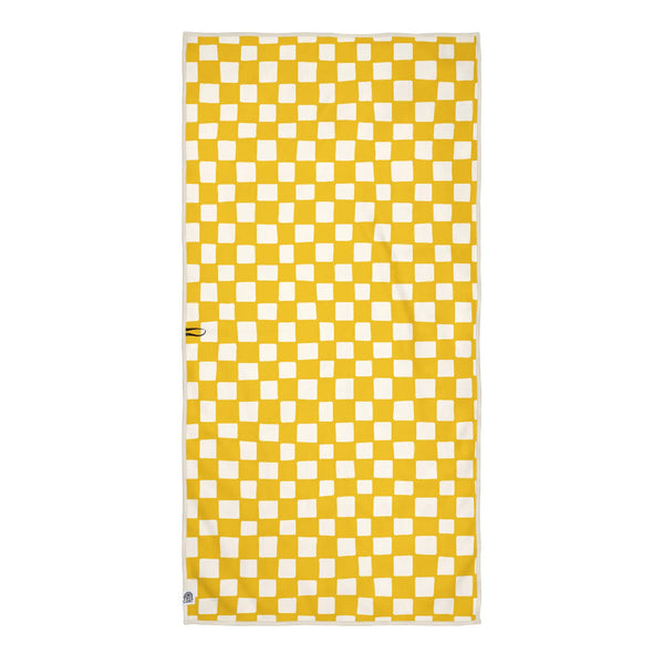 Yellow checkered Desert Dreams Wander & Travel Towel, quick-dry, sand-resistant, made from recycled materials, with hanging loop.