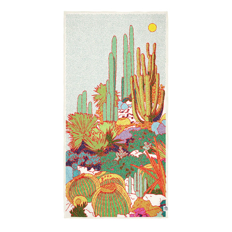 Desert Dreams Wander & Travel Towel with vibrant desert landscape design, quick-dry, sand-resistant, eco-friendly made from recycled materials.