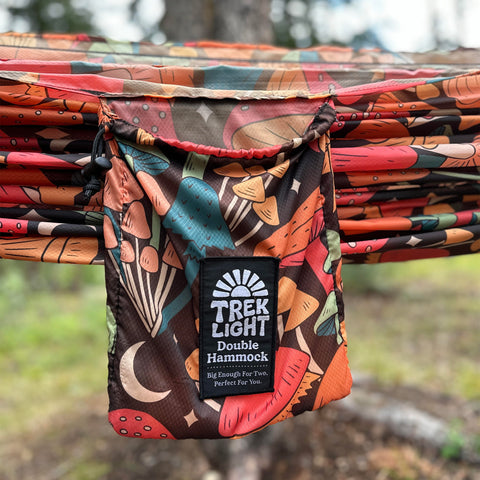 Trek Light Double Hammock in Midnight Mushroom Print, perfect for relaxation and outdoor adventures.