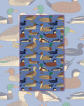 Ducks In A Row Kitchen & Tea Towel with mallards and other ducks in rows on a blue background