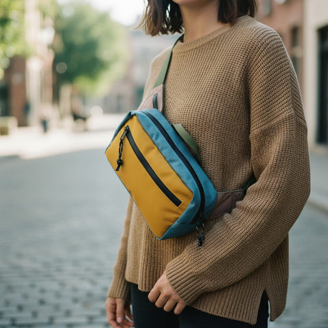 Woman wearing Everyday Fanny Pack (Golden Hour) on a city street