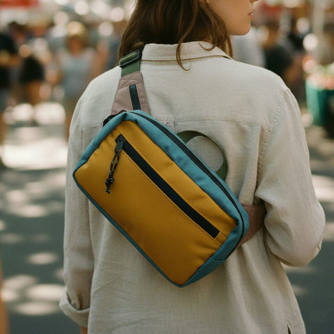 Woman wearing Everyday Fanny Pack (Golden Hour) as a crossbody sling with waterproof zippers and spacious 2.3L capacity