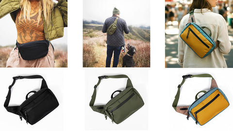 Collection of stylish sling bags in different colors, shown worn and displayed individually, suitable for outdoor activities.