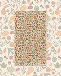 Fall Harvest Kitchen & Tea Towel with pumpkins, gourds, mushrooms and autumn leaves in muted orange and green