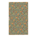 Fall Harvest kitchen tea towel on sage green background with orange pumpkins, gourds, mushrooms, acorns, leaves and birds