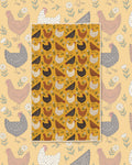 Farmhouse Chicken Kitchen & Tea Towel with brown and black chickens among small yellow flowers on a mustard background