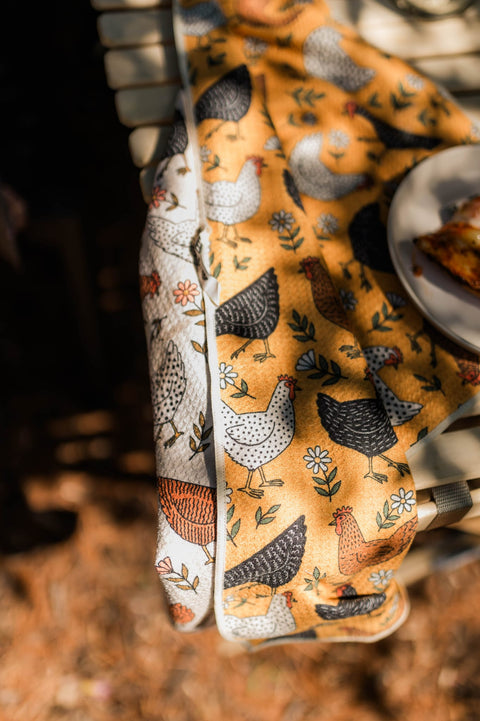 Farmhouse Chicken Kitchen & Tea Towel featuring colorful chicken designs on a vibrant background.