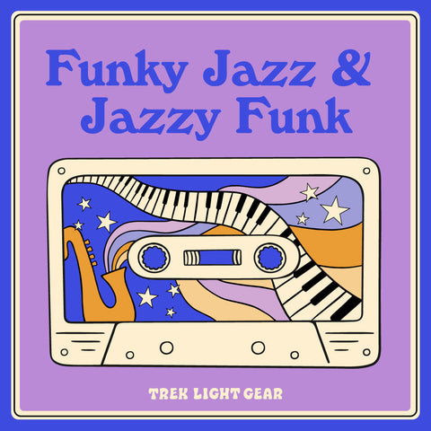 Funky jazz and jazzy funk cassette illustration with stars and saxophone, representing Trek Light Gear's retro musical vibe.