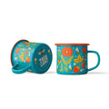 Garden Buzz Enamel Mug 16oz with floral design and vibrant colors, perfect for campfire or cozy mornings. Lightweight and durable enamelware.