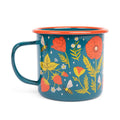 Trek Light Garden Buzz Enamel Mug 16oz, colorful floral and bee design, perfect for outdoor adventures. Durable and lightweight.