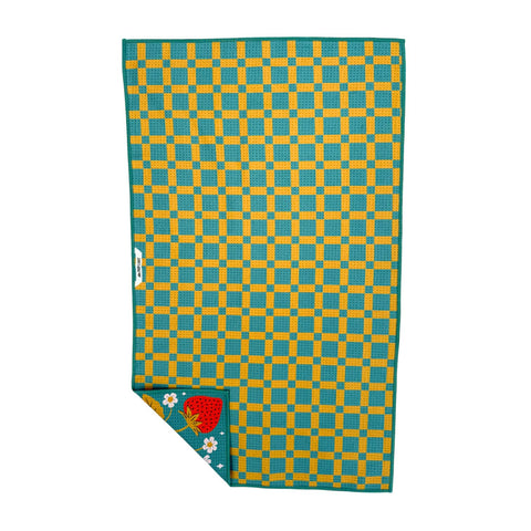 Vibrant Garden Buzz kitchen dish towel with checkered pattern and strawberry accents, eco-friendly Grip-Tex™ fabric, hanging loop included.