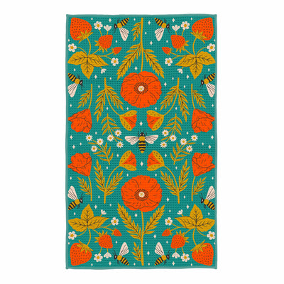 Garden Buzz Kitchen & Tea Towel featuring vibrant floral and bee design, eco-friendly, absorbent, and quick-drying for kitchen use.