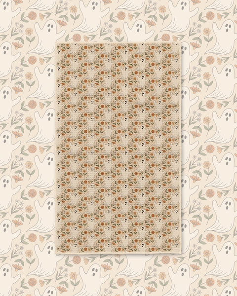 Ghost Garden Kitchen & Tea Towel with small ghosts and flowers in tan and brown tones