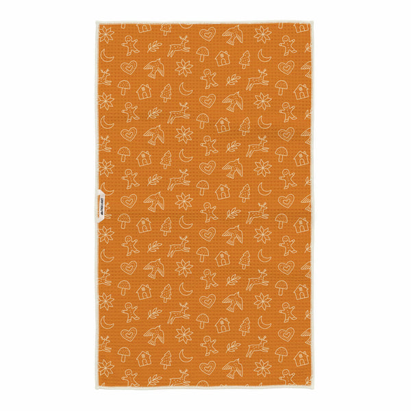 Gingerbread Kitchen & Tea Towel with eco-friendly design, made from 100% recycled materials, featuring vibrant patterns and hanging loop.