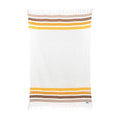 Golden Age Blanket with yellow and brown stripes, handwoven from 100% recycled materials. Sustainable and unique design.