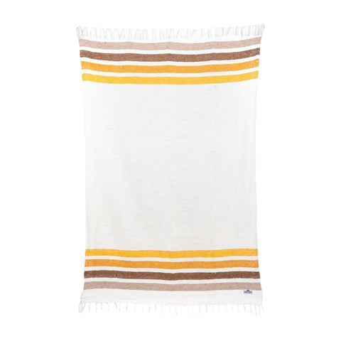 Golden Age Blanket with yellow and brown stripes, handwoven from 100% recycled materials. Sustainable and unique design.