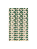 Gondola Winter kitchen tea towel with red gondolas, blue mountains, and green pine trees on a cream ski slope pattern