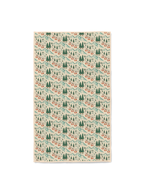 Trek Light Gondola Winter dish towel featuring alpine peaks, ski lift gondolas, and evergreen trees in a winter scene
