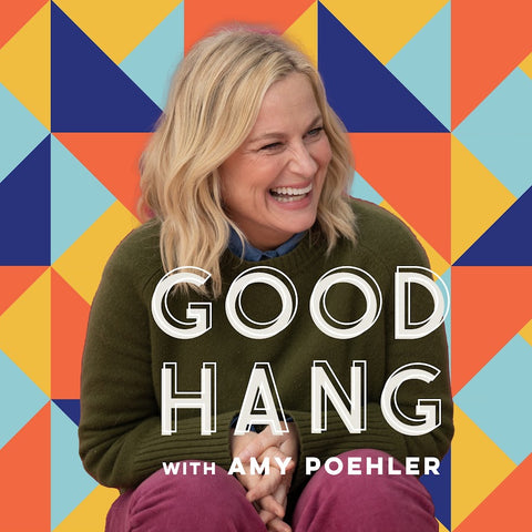 Woman sitting and smiling in front of colorful geometric background with the text 'Good Hang with Amy Poehler'.