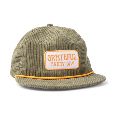 Trek Light Grateful Every Day green corduroy snapback hat with flat brim and stylish vent holes.