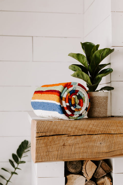 Trek Light's Halley's Comet Blanket, vibrantly striped and handwoven, rolled up beside a plant on a wooden shelf.
