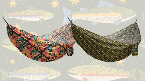Colorful hammocks featuring vibrant patterns, set against a playful fish and star background.