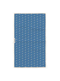 Blue Hanukkah Lights kitchen tea towel with cream Star of David pattern and sparkles, hanging loop tag on side