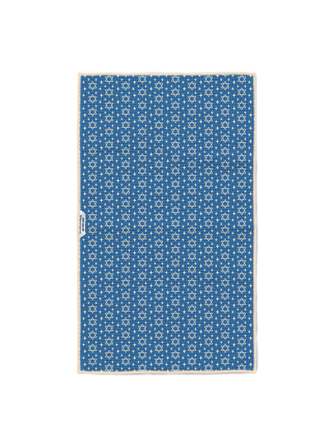 Blue Hanukkah Lights kitchen tea towel with cream Star of David pattern and sparkles, hanging loop tag on side