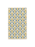 Cream kitchen towel with blue and gold menorahs, doves, and Star of David folk pattern for festive kitchens