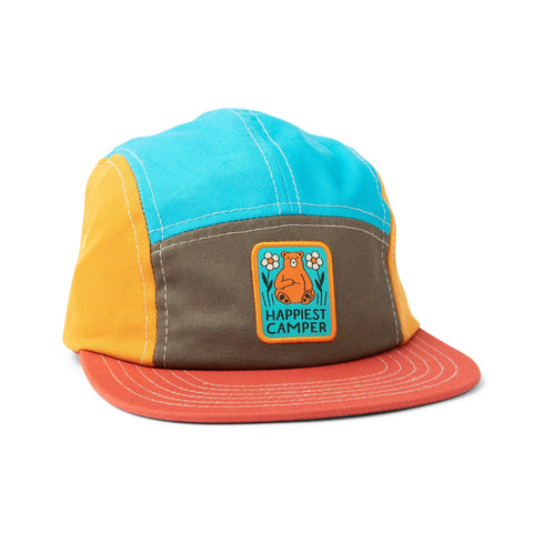 Happiest Camper Kids Hat with colorful panels and bear patch, perfect for young adventurers by Trek Light.