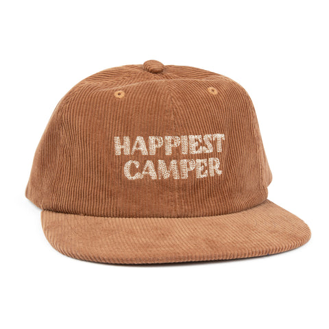 Trek Light Happiest Camper Hat - Brown Corduroy 6-Panel Snapback, One Size Fits Most, Perfect for Adventurers and Happy Campers.