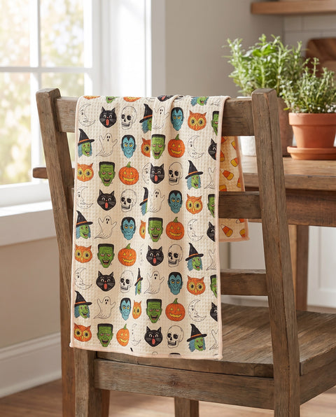 Happy Halloween waffle kitchen tea towel draped over a wooden kitchen chair, front print facing out