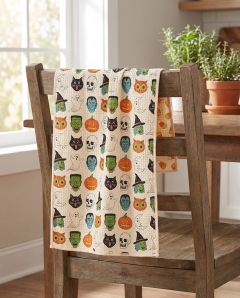 Happy Halloween waffle kitchen tea towel draped over a wooden kitchen chair, front print facing out