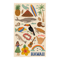 Hawaii kitchen tea towel with illustrated pineapple, volcano, surfboard, palm trees, whale, toucan, sea turtle, hula dancer