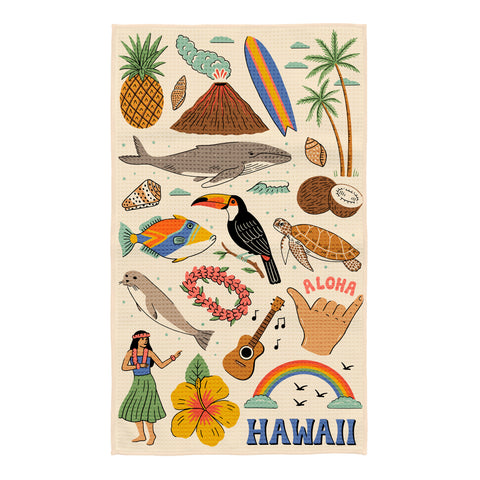 Hawaii kitchen tea towel with illustrated pineapple, volcano, surfboard, palm trees, whale, toucan, sea turtle, hula dancer