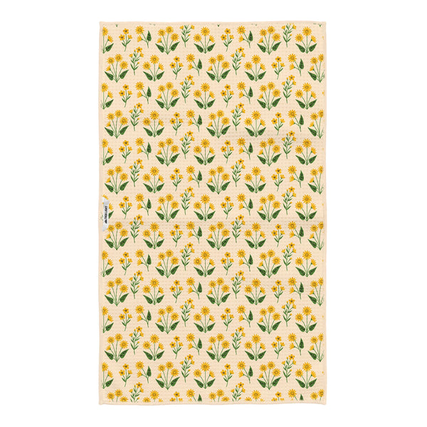 Floral pattern tea towel made from 100% recycled materials with a quick-drying Grip-Tex™ fabric, featuring a hanging loop for convenience.