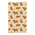 Highland Cows Kitchen Tea Towel with vibrant double-sided design featuring Highland cows and floral patterns on eco-friendly fabric.
