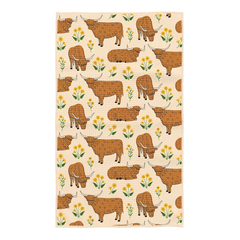 Highland Cows Kitchen Tea Towel with vibrant double-sided design featuring Highland cows and floral patterns on eco-friendly fabric.